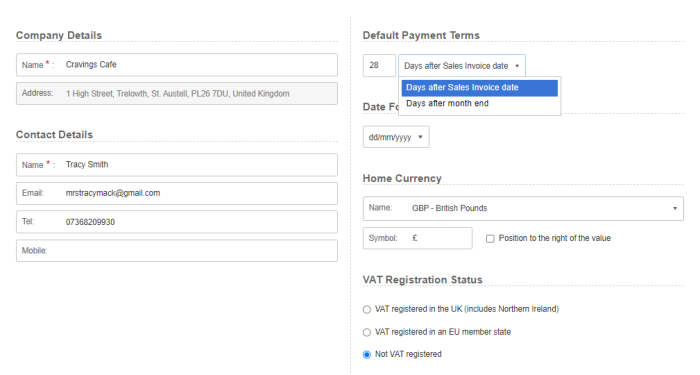 screenshot of the company details screen in IRIS Kashflow