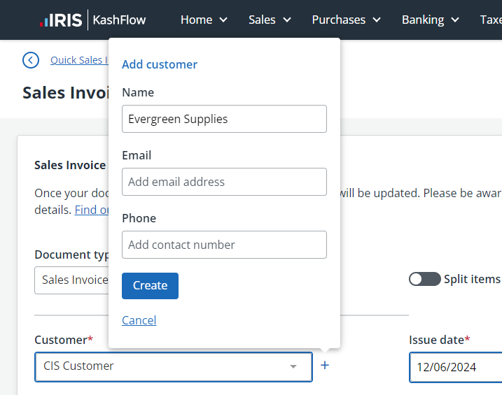 screenshot of the quick add customer dialog box in IRIS Kashflow