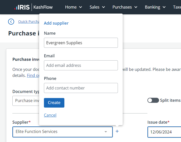 screenshot of the quick add suppler dialog box in IRIS Kashflow