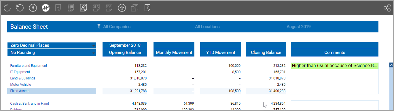 balance sheet report example with comments saved