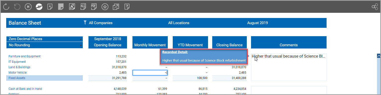 balance sheet report example saving comments