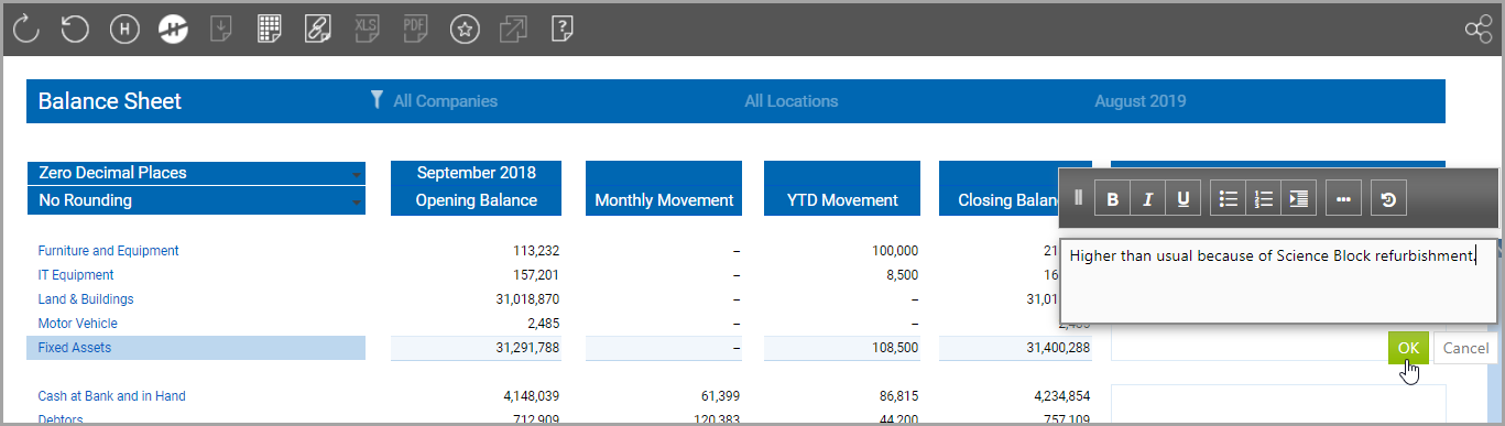 balance sheet report example with comments added