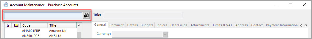 account maintenance dialog displaying the search and find icon displayed above the account code and title list