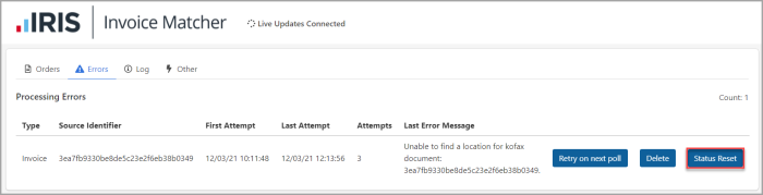 Invoice Mathcher Reset an Invoice Status