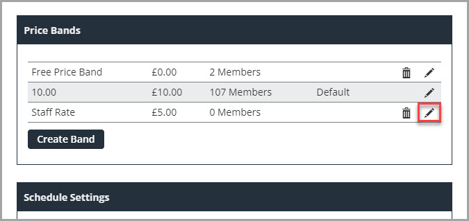 The pencil icon used to edit a price band on the edit price band section