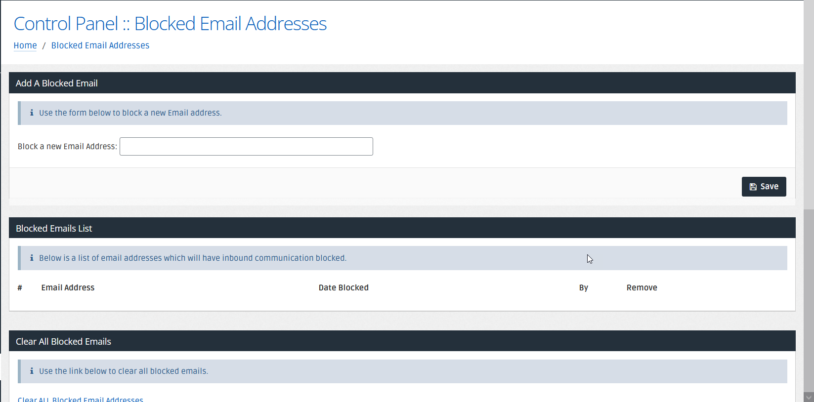 Blocked Emails Control Panel