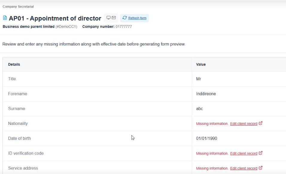 screenshot of AP01 form with missing information and links to edit the client record
