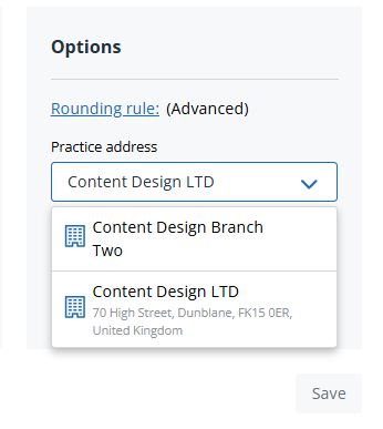 Screenshot showing the dropdown selection for Practice address.