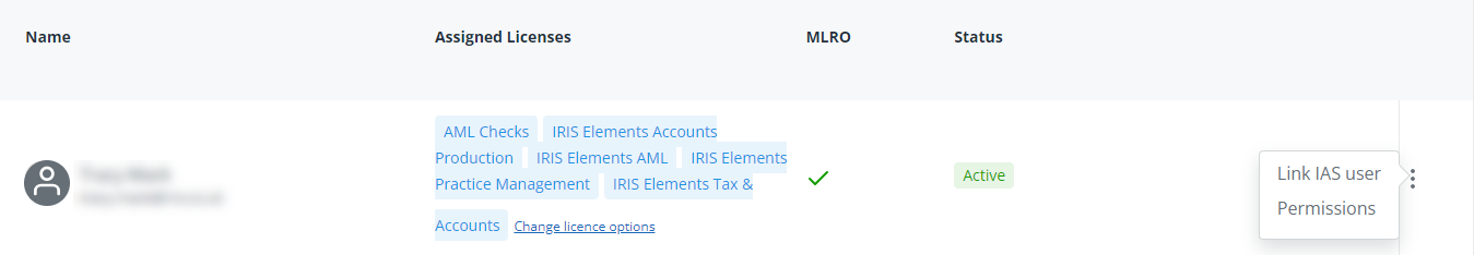 Image shows an iris Elements user account with the three dots menu on the left and menu options pop-up when the menu is selected