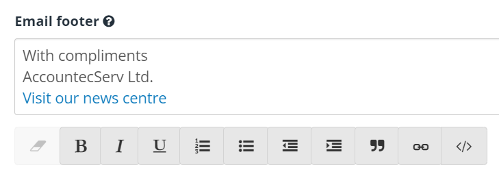 screenshot of the email footer editor in IRIS Elements