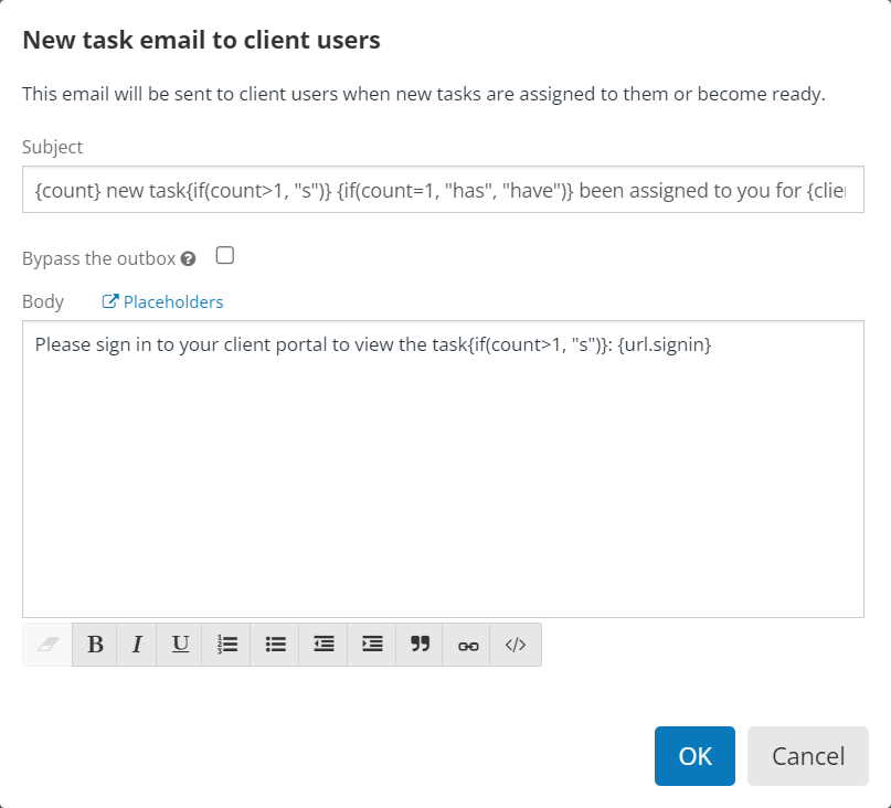 screenshot of email template including subject and body fields