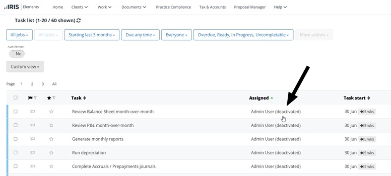 screenshot of the task list showing some users with deactivated after user name