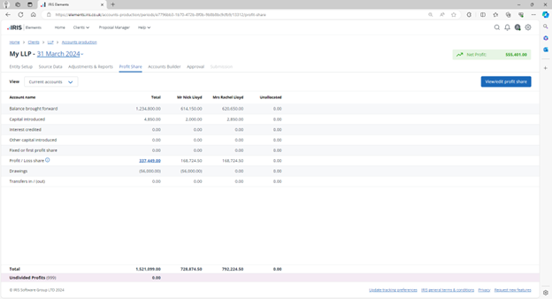 IRIS Elements Accounts Production Professional - Profit Share tab - Example