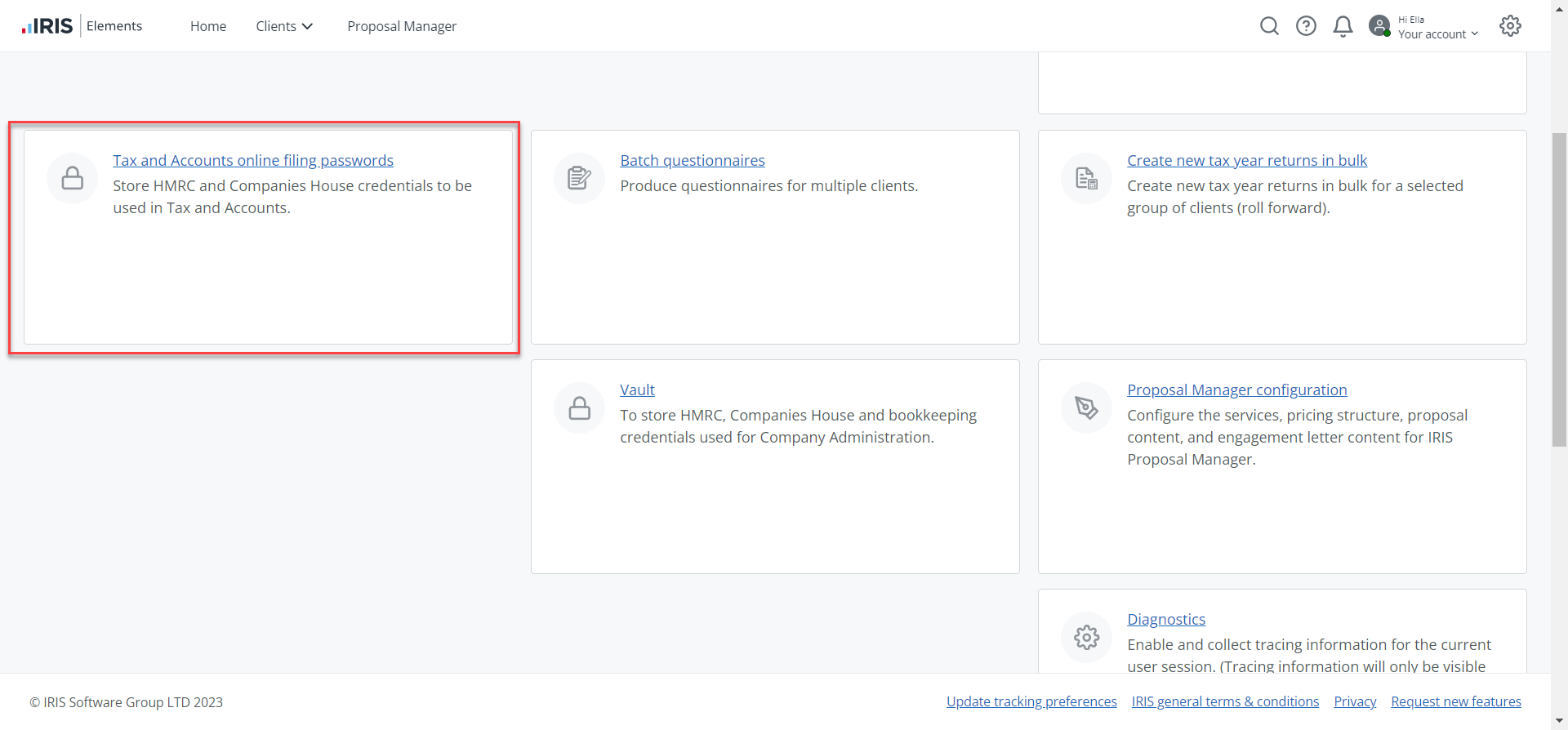 Online filing passwords in Settings page