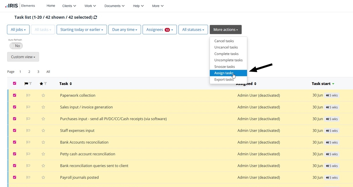 all tasks highlighted and more actions menu open with assign tasks selected