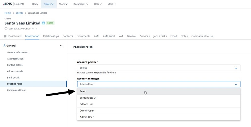 screenshot showing changing affected user role selection back to select