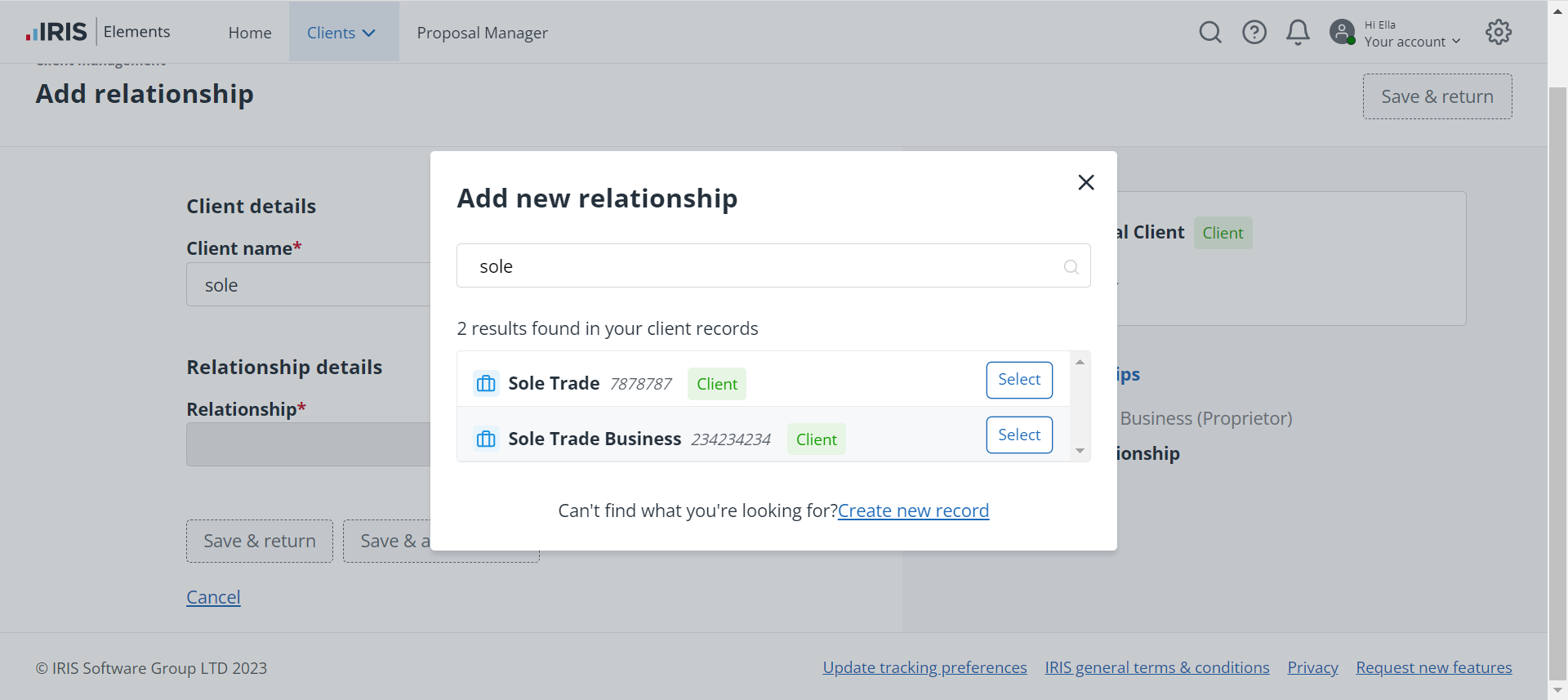 Adding a new relationship client search