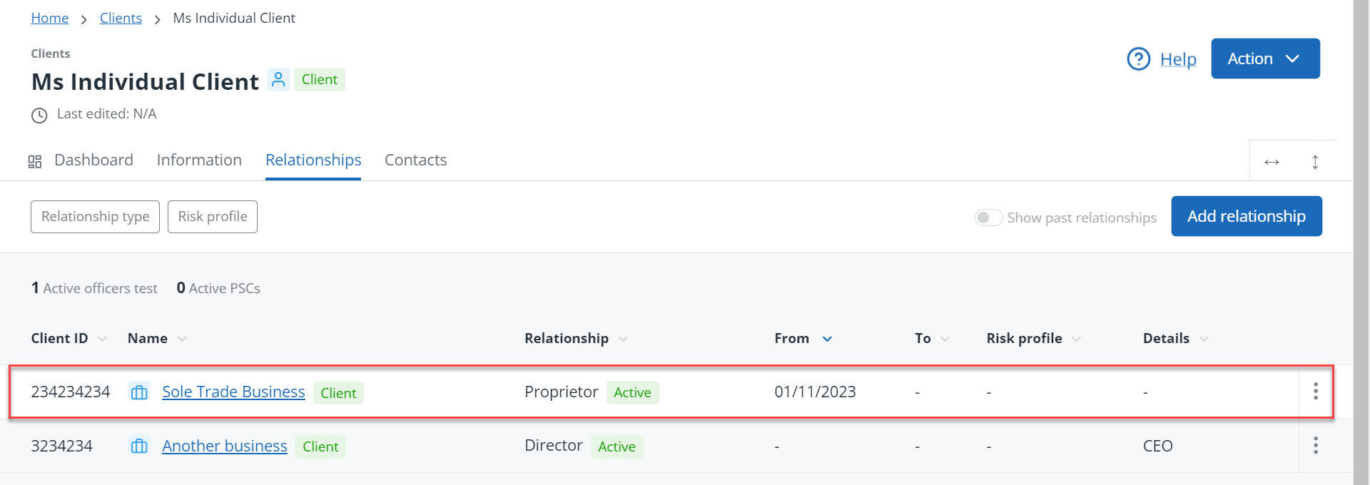 New client relationship record in the relationships tab