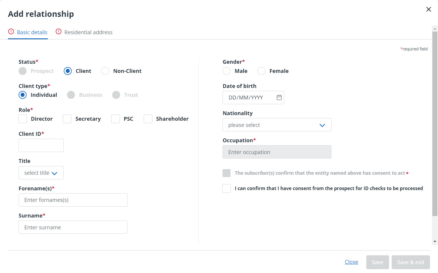 Add basic details for relationships company formations