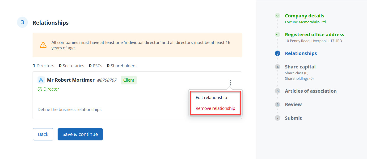 Edit relationships in company formations