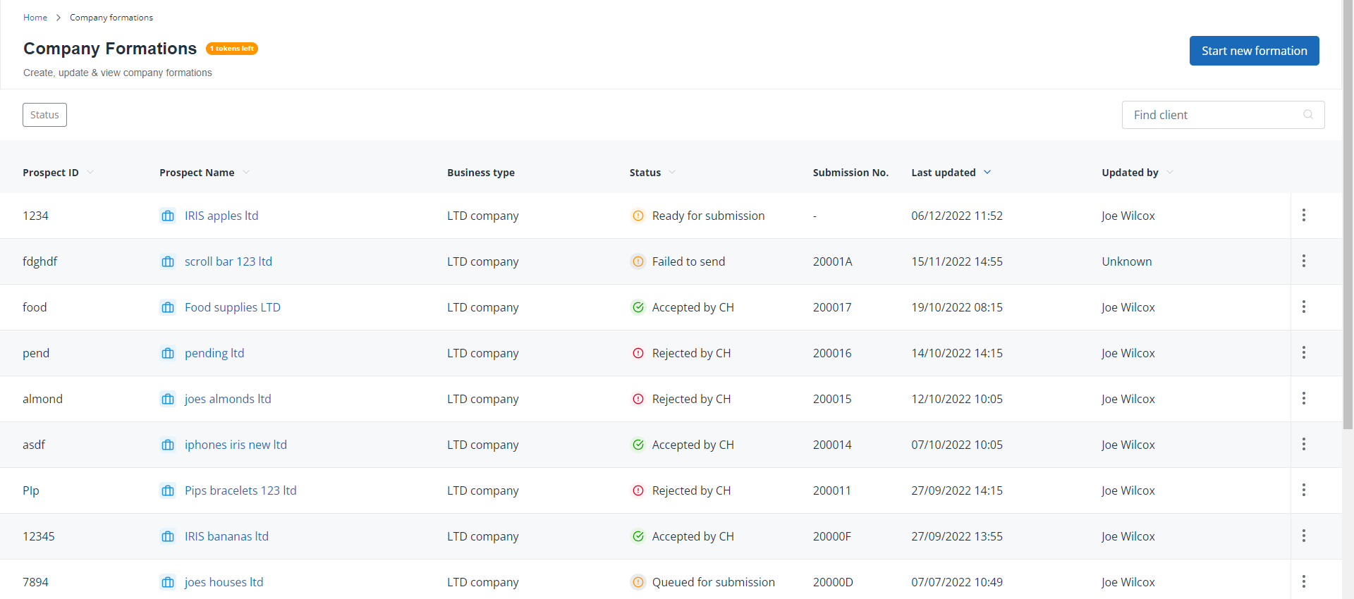 Company Formations page in IRIS Elements