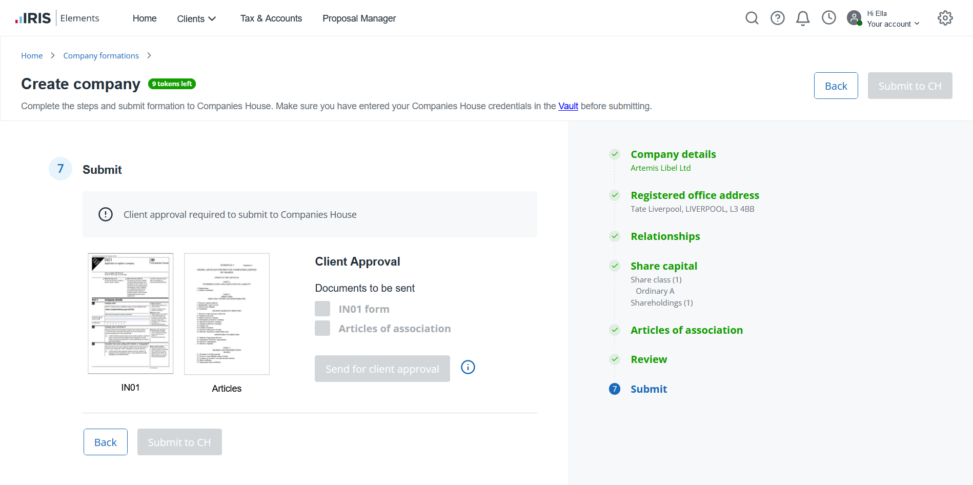 Submission page in Company Formations