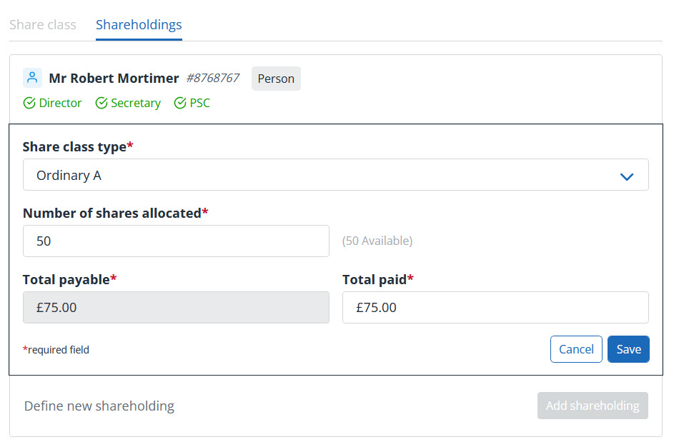 Detail of shareholdings tab in company formations