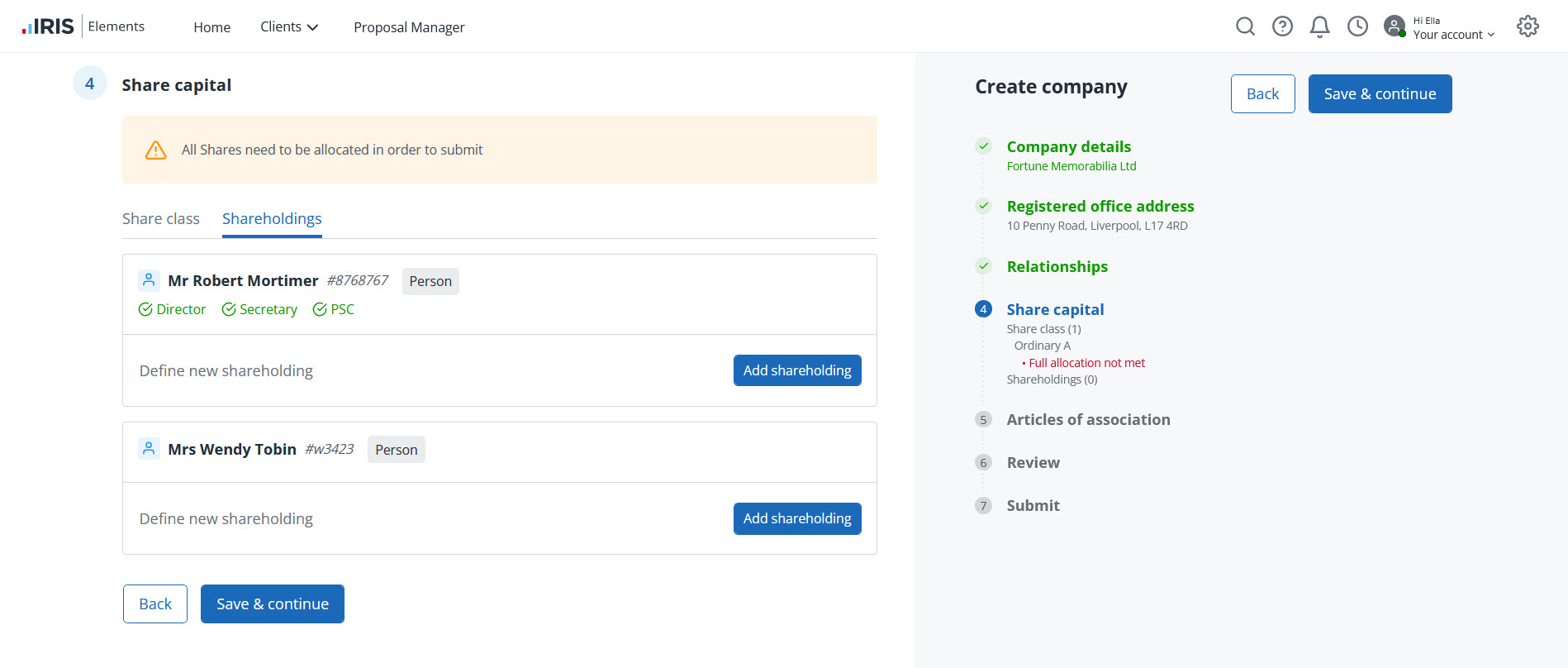 Shareholdings tab in company formations