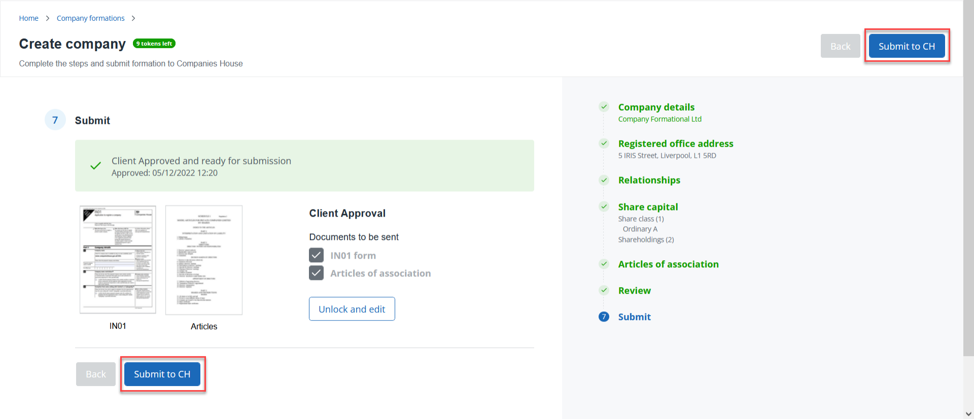 Submit to CH buttons company formations