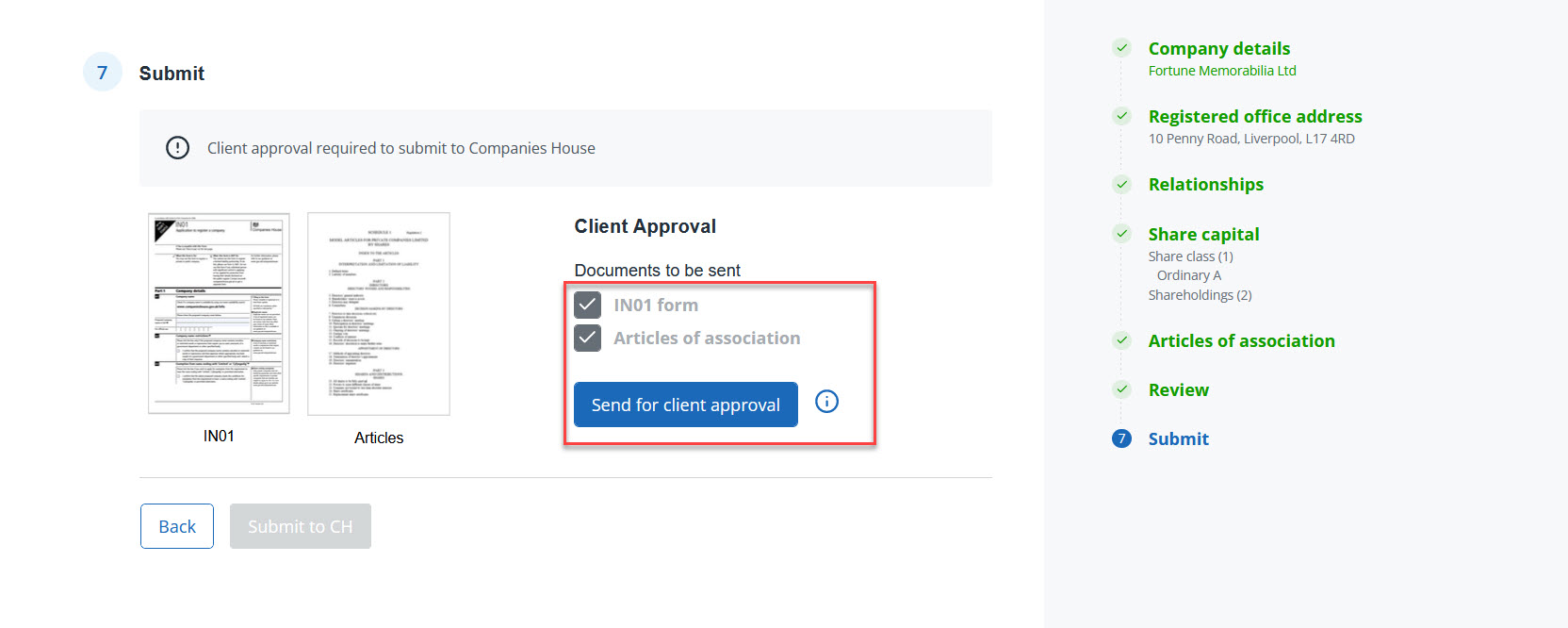 Send for client approval button company formations