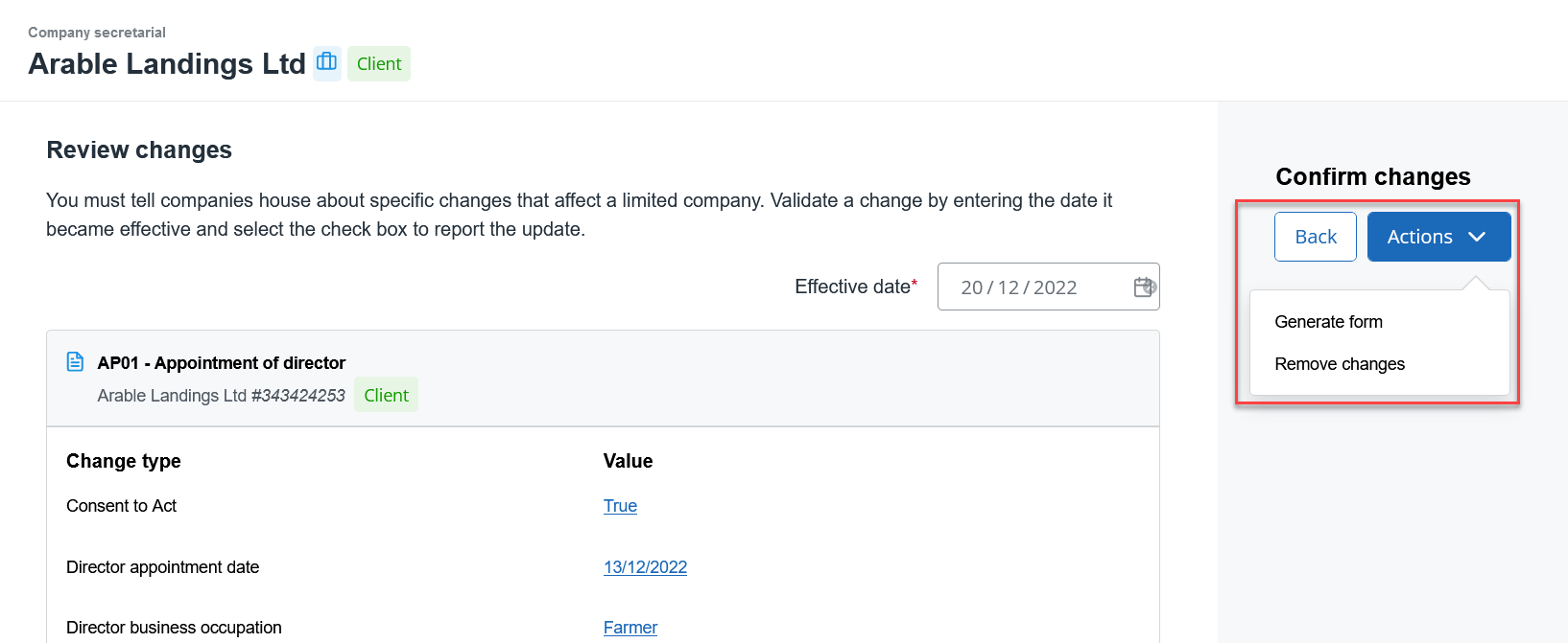 Company Secretarial generate form button