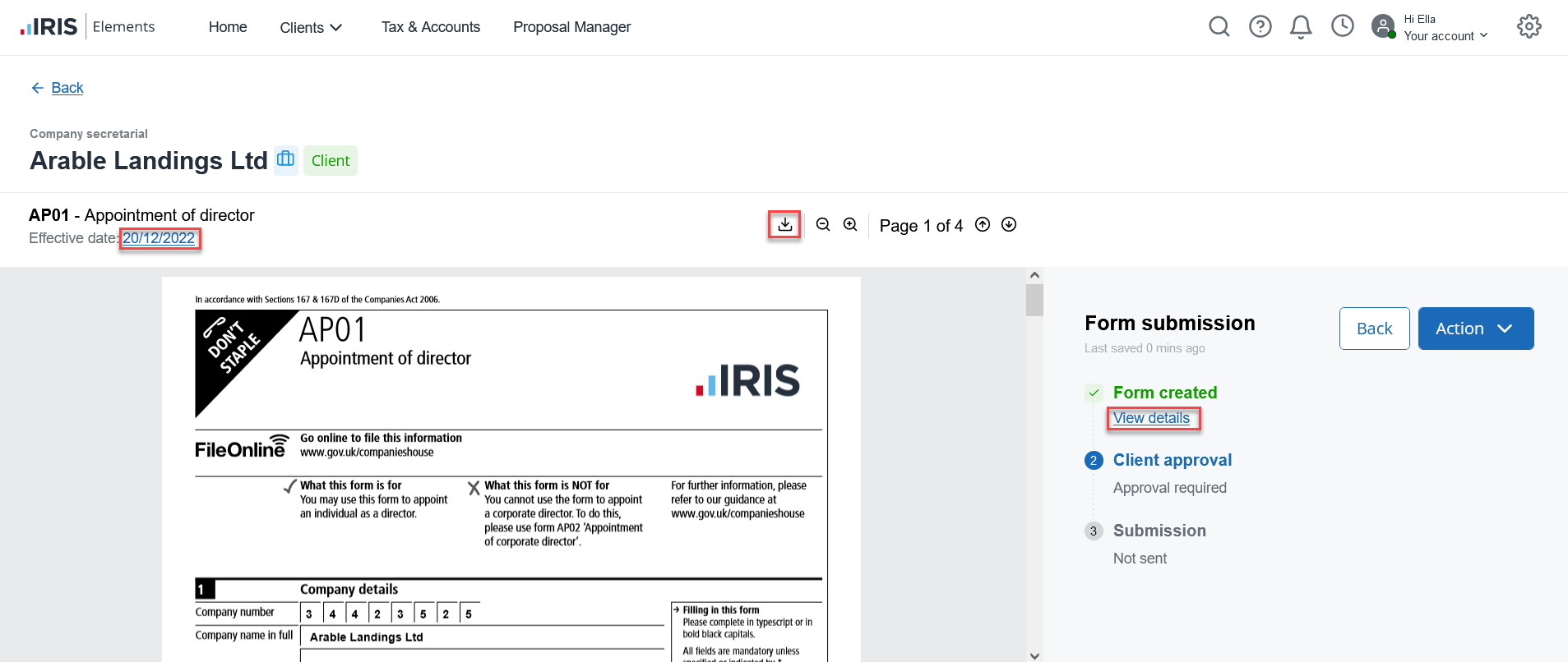 Company secretarial form submission page