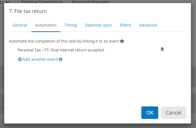 Screenshot of the Jobs screen, Automation tab, showing "Automate the completion of this task by linking it to an event" to indicate this task was migrated from IRIS Accountancy Suite