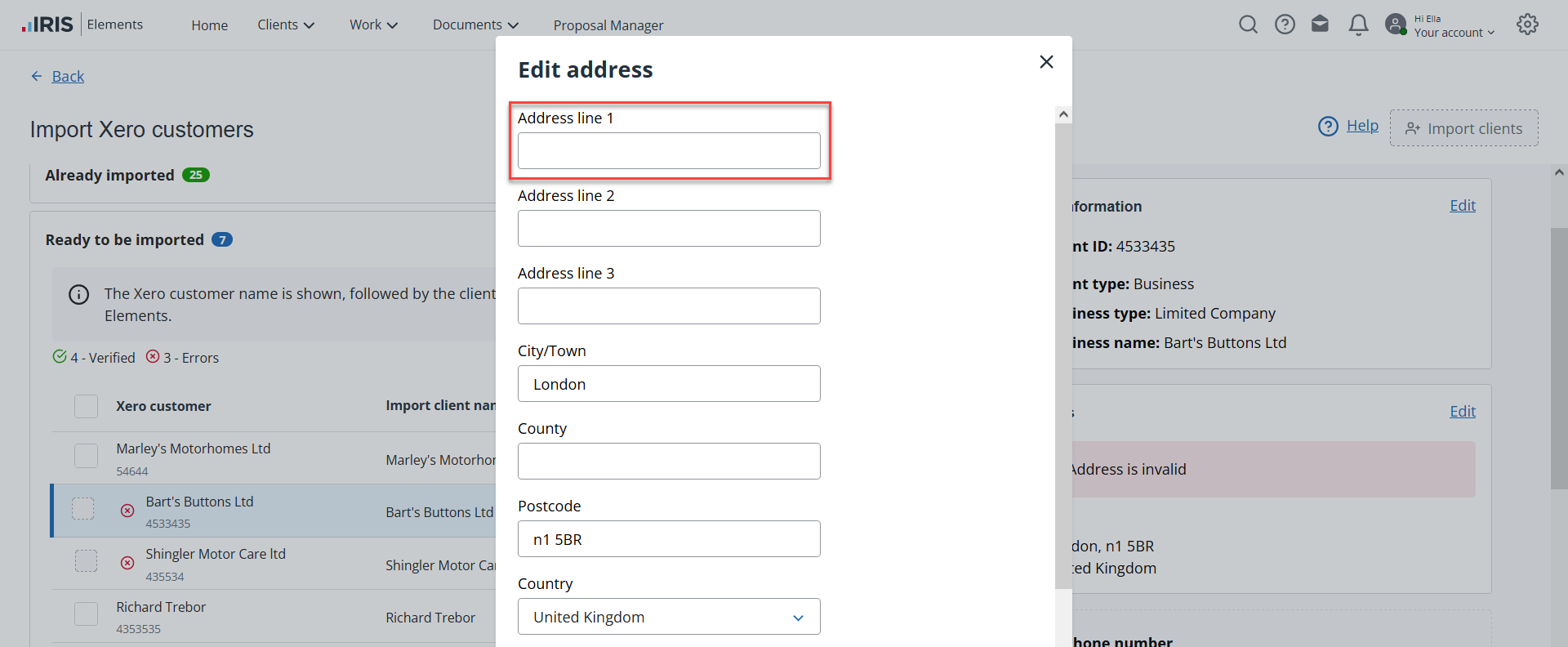 Edit address window in Xero import tool