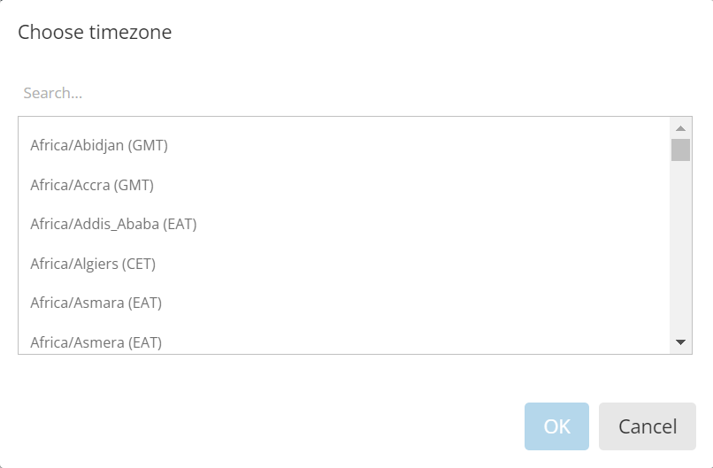 screenshot of the timezone selector in IRIS Elements