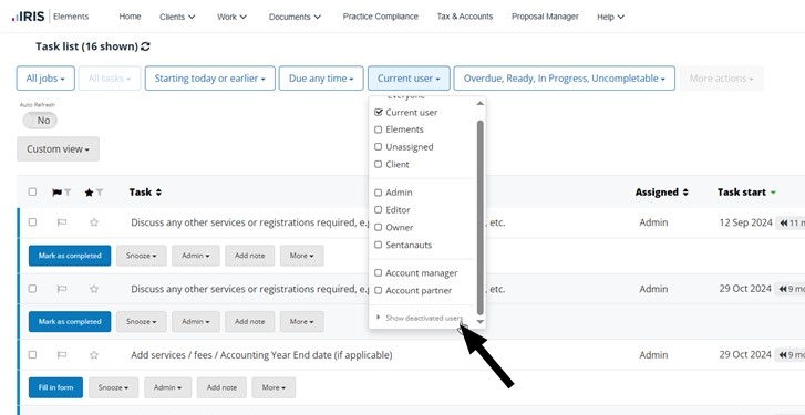 screenshot of the user filter on the task list