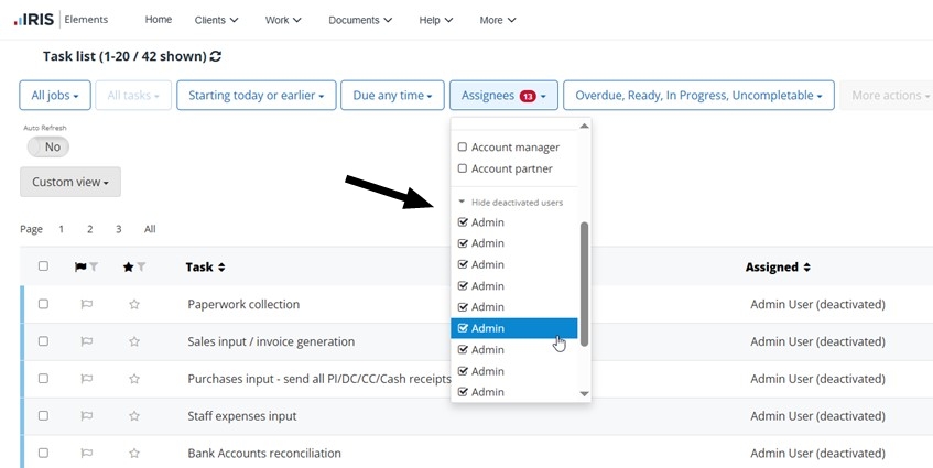 user filter showing deactivated users
