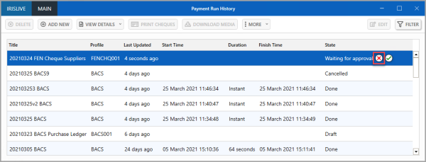 Cross icon displayed next to waiting for approval in state column