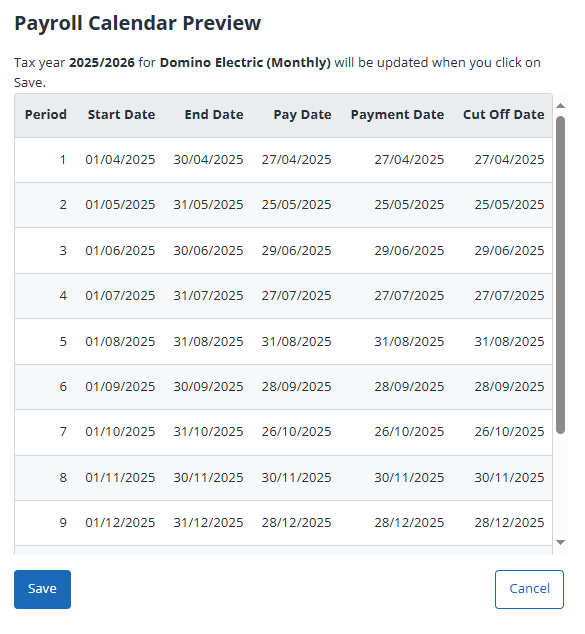 A preview of the Payroll Calendar. 