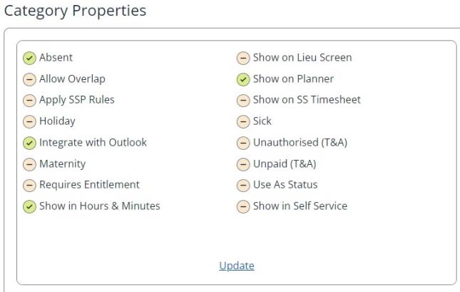 Category Properties, viewing mode, showing enabled and not enabled properties and update button.