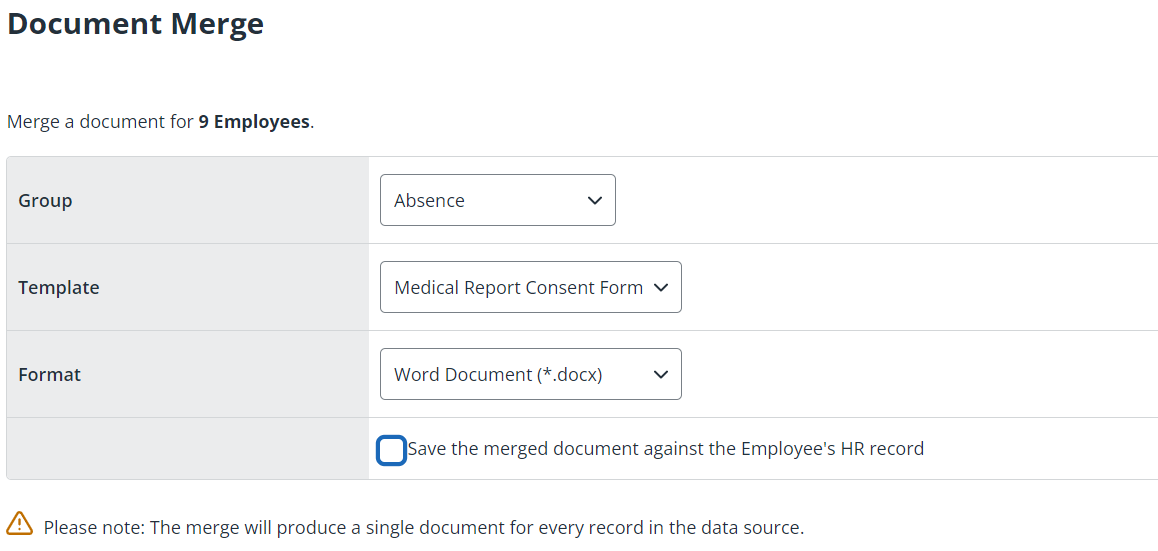 Document merge screen with sentence reading 'merge document for 9 employees.' and dropdown selections for group, template, and format.