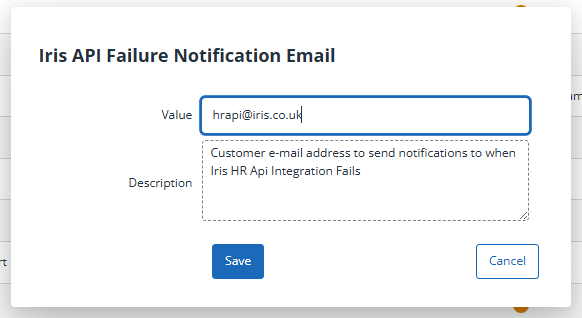 The IRIS API Failure Notification Email screen fields.