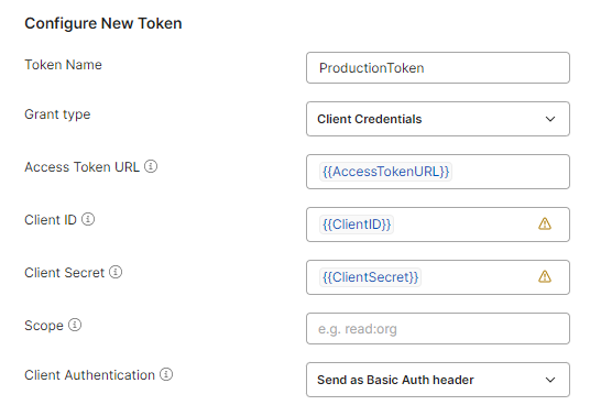 The Configure New Token screen fields. 