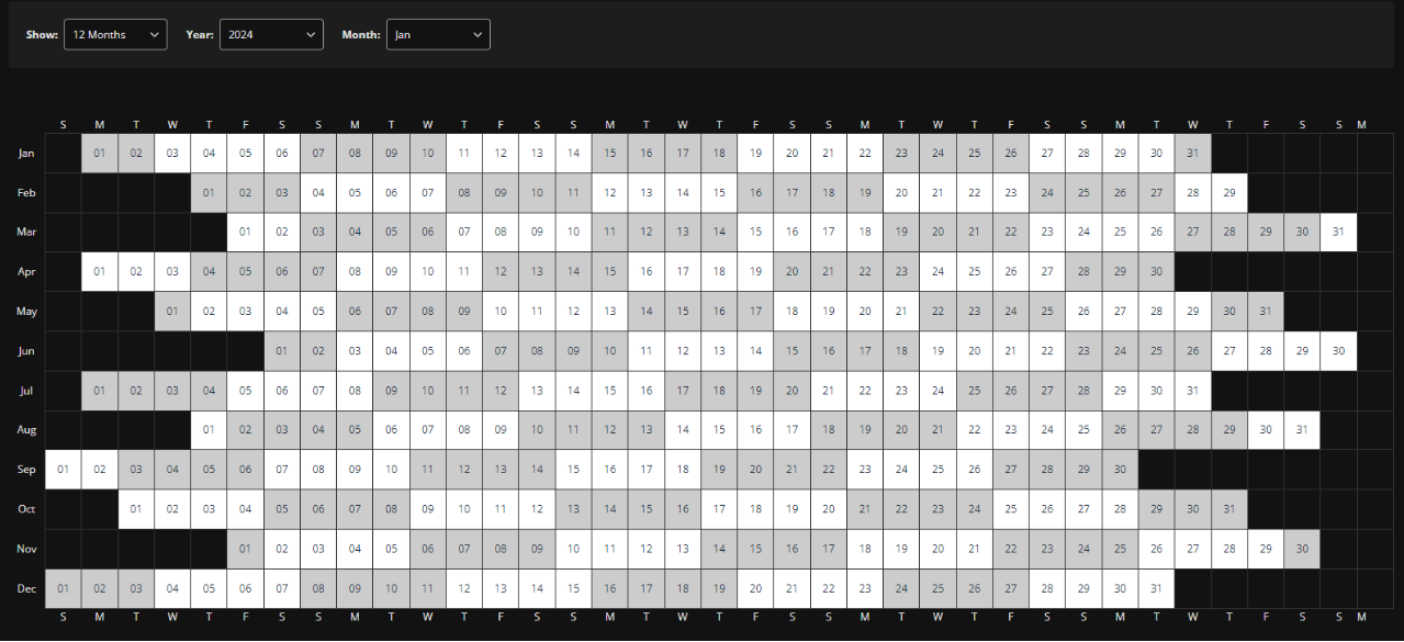 A year's Working Calendar. 