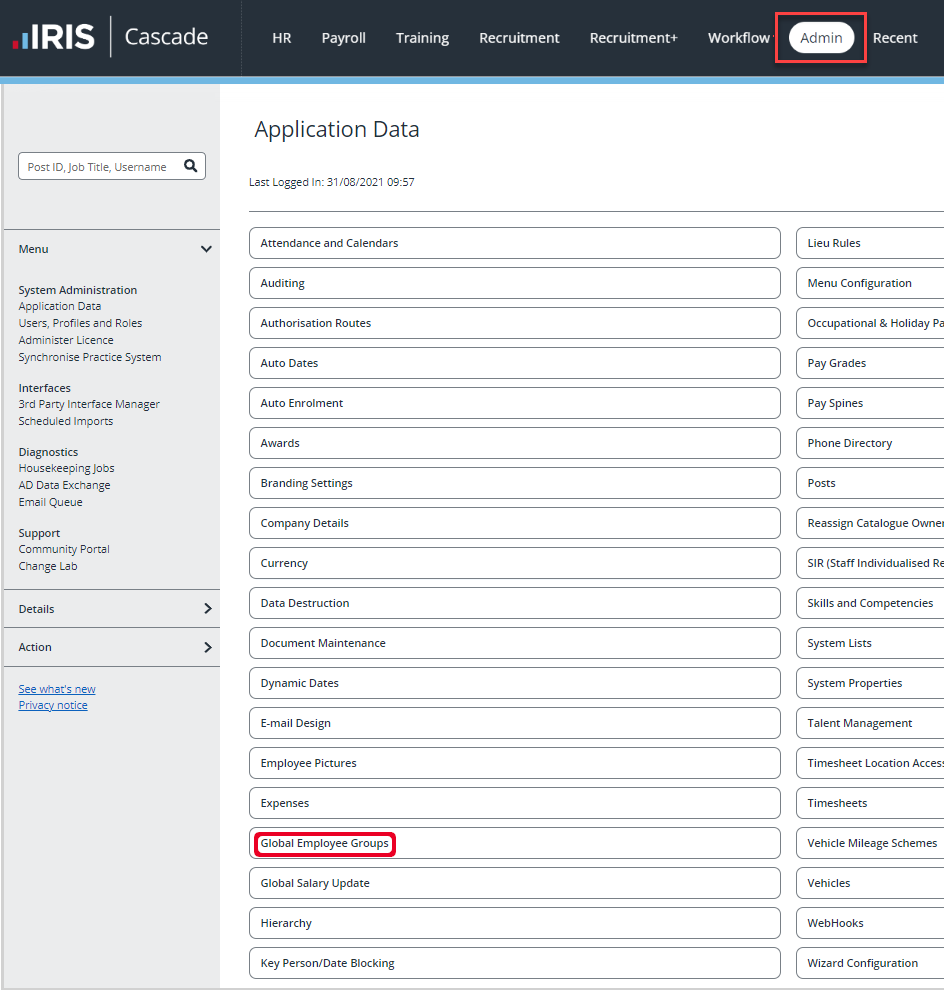 shows application data with global employee groups highlighted