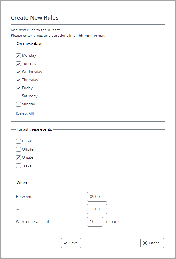 screenshot of create new rules with options selected