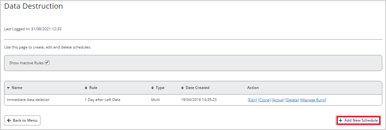 show data destruction screen highlight on add new schedule