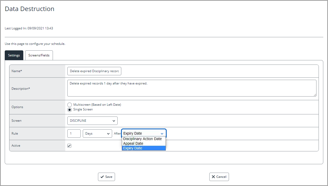 shows data destruction rule options