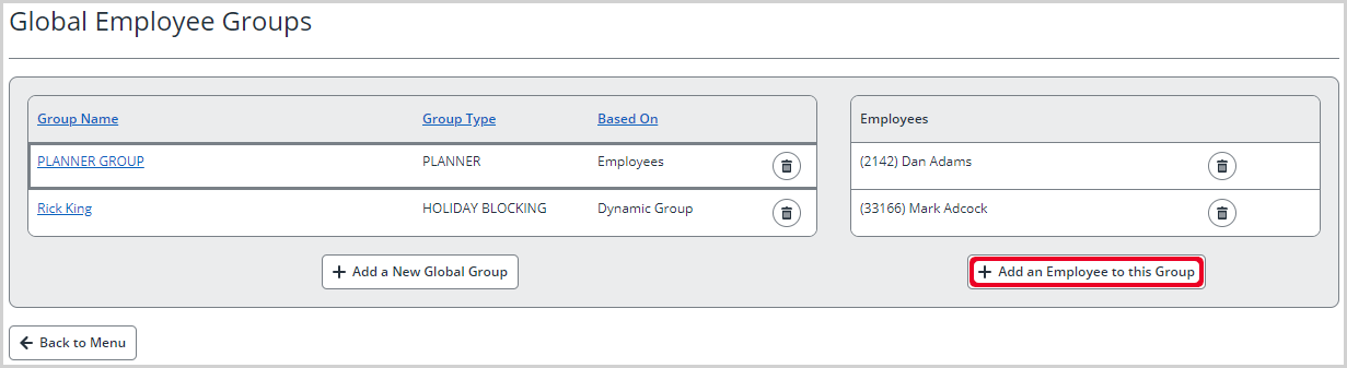 shows global employee groups screen with Add an Employee to this group highlighted 