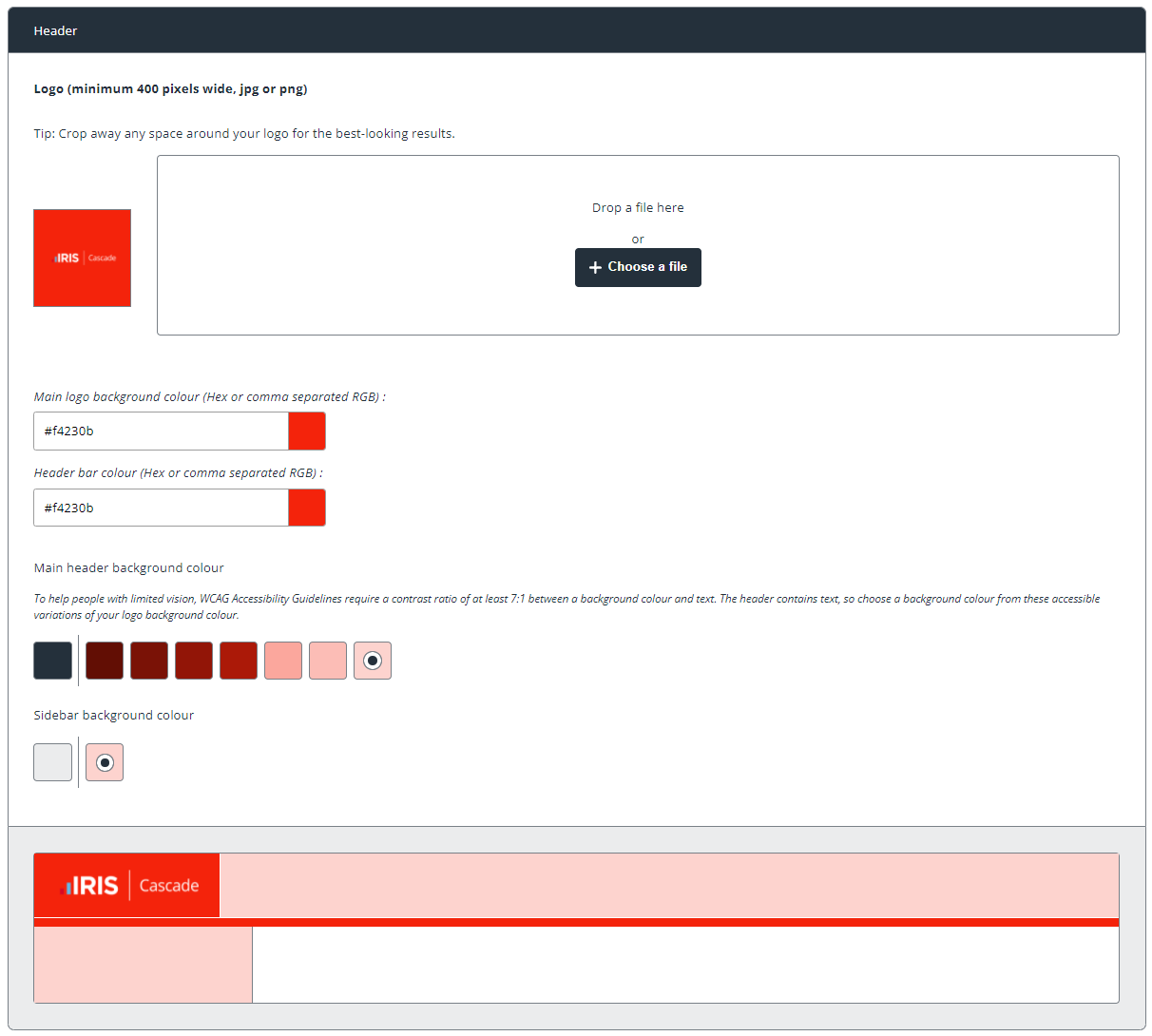 shows header edit screen for user themes